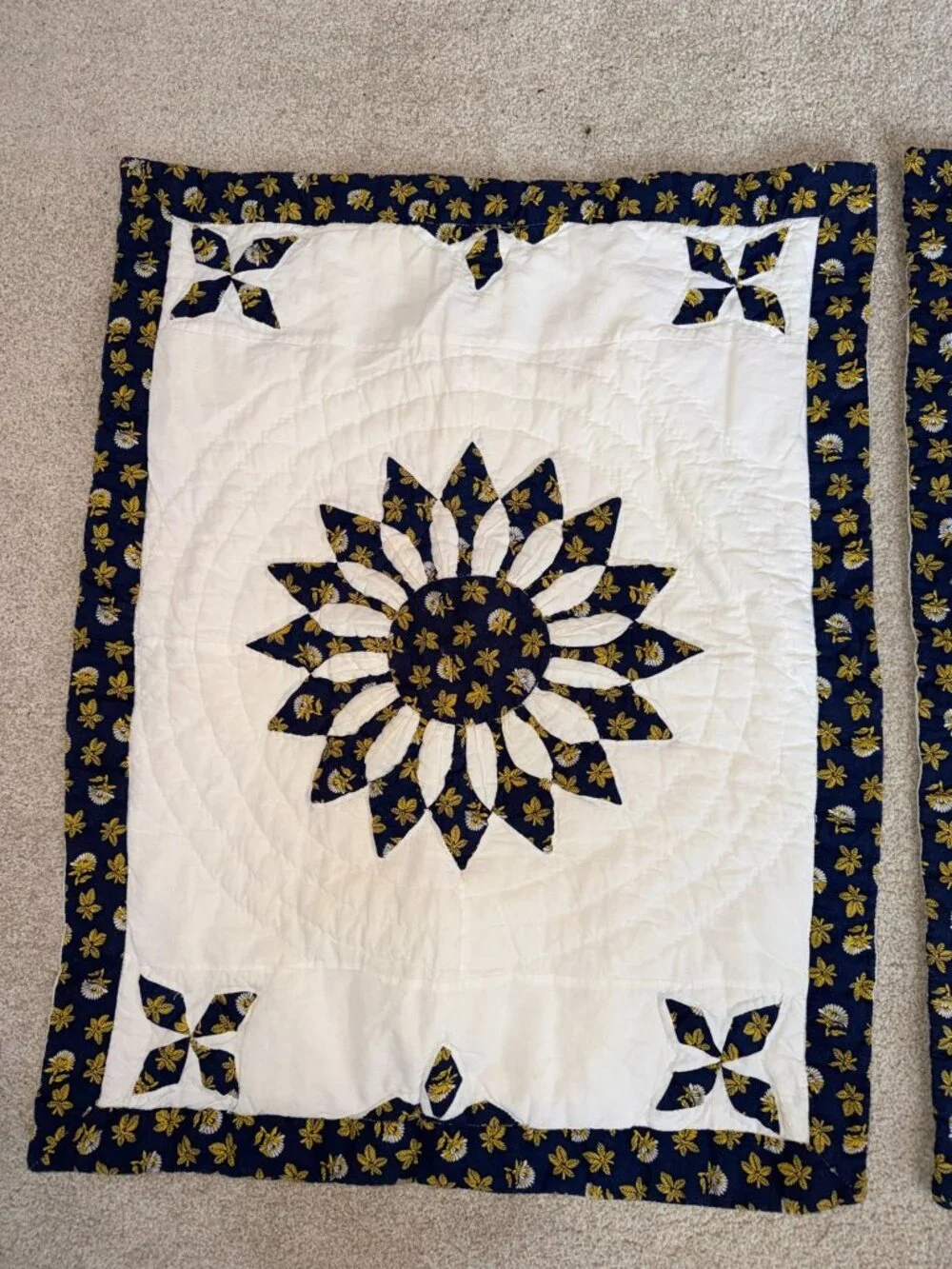 Vintage 1990s Cottagecore Quilted Pillow Shams Set Sunflower Floral Blue Cotton